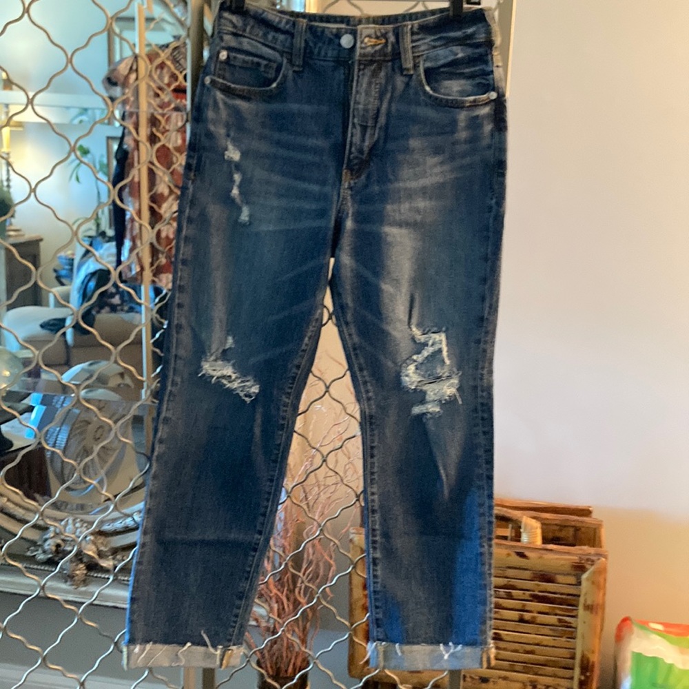 Anthropology PILCRO jeans with knee tears and straight legs.